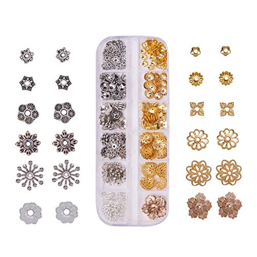 PandaHall Elite 313 Pcs Tapas de aleación y latón, Cuentas de Metal Abalorio para Fabricación de Pulsera Collra Pendientes Flor, Color Mezclado