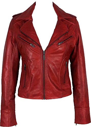 UNICORN Mujeres Genuino real cuero chaqueta Rojo encerado #Z3 Tamaño 36