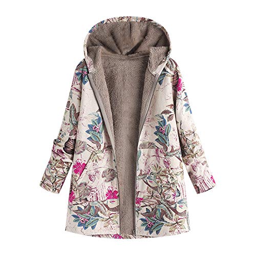 VJGOAL Para Mujer de Invierno más el tamaño de la Moda Casual Warm Thicken Outwear Estampado Floral Bolsillos con Capucha Vintage Abrigos de Gran tamaño(Large,Rosa Caliente)