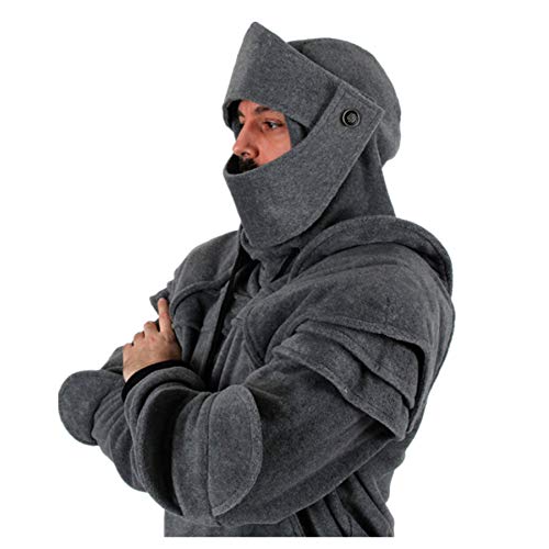 VPASS Abrigo Hombre Invierno,Disfraz de Armadura de Caballero con Capucha de Medieval para Hombre Sudadera de Manga Larga con Capucha y Bolsillos (Gris, M)