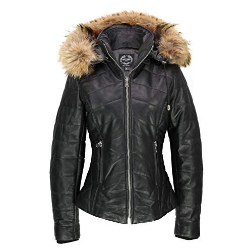 Xposed Chaqueta de Cuero de Las señoras Negro Real con Capucha Desmontable con Borde de Piel Slim Fit Acolchado Puffer Retro [PATRICIA-BLACK-4XL]