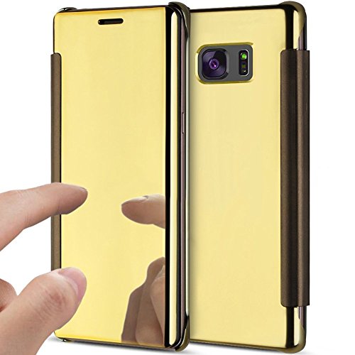 YSIMEE Funda Samsung Galaxy S6 Edge,Carcasa Clear View Cover Funda de Espejo Flip Folio Caso Cierre Magnético Teléfono Móvil Estuches para Samsung Galaxy S6 Edge -Dorado