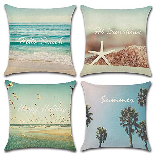 Aipark 4 Piezas Decorativa Cuadrado Fundas de Almohada de Cojín Caso Playa de Verano para Sofá Dormitorio Auto, 45x 45 cm