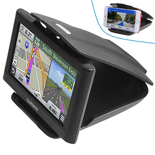 APPS2Car Soporte GPS para Salpicadero de Coche con tres ranuras de ángulo de ajuste para Teléfono Móvil y GPS para iPhone X 8 Plus 7 6S Samsung S9 S8 Huawei Garmin TomTom Navman Sat Nav navegación GPS