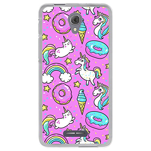 BJJ SHOP Funda Transparente para [ Alcatel Pop 4 Plus ], Carcasa de Silicona Flexible TPU, diseño: Unicornio Arcoiris Donut Fondo Rosa