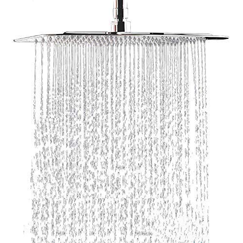 COMLIFE Alcachofa de Ducha, Placa de Ducha Ultra-Delgado Lluvia Cuadrada Cabezal de Ducha 304 Acero Inoxidable Lluvia de Alta Presión con 144 Jets de Silicona, Accesorios Baño, 12 Pulgadas