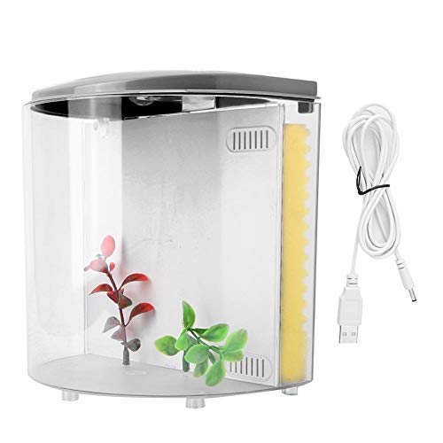 Hffheer USB Desktop Fish Tank Mini Acrílico Fish Half LED Forma de Media Luna Betta Aquarium MiniBow con esponjas Filtro para Sala de Estar, Oficina, decoración del hogar(Negro)