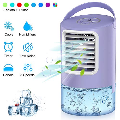 Mini Enfriador de Aire, Mini Acondicionador de Aire Móvil, 4 en 1 Enfriador de Aire con Función de Humidificación, 2 Temporizadores/3 Niveles de Potencia/7 Colores Luz, Perfecto para Trabajo y Hogar