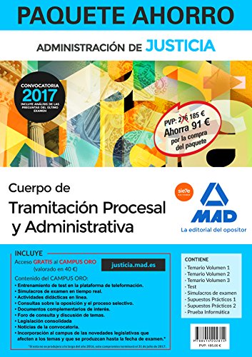 Paquete Ahorro Tramitación Procesal y Administrativa (turno libre). Ahorra 91  (incluye Temario volúmenes 1, 2 y 3; Test; Supuestos prácticos ... Simulacros de examen y acceso Campus Oro)