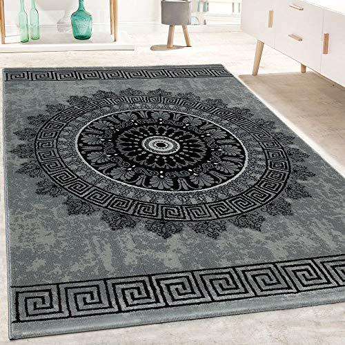 Alfombra Diseño Salón Estampado Mandala Pelo Corto Estilo Barroco Gris Y Negro, tamaño:60x100 cm