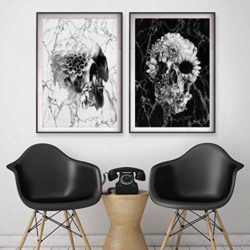 Anatomía Cráneo Y Flores Loco Roca Negro Blanco Pared Arte Lienzo Pintura Posteres Impresiones Pared Cuadros para Salon Habitación Bar Decoracion 40X60cmx2 No Enmarcado