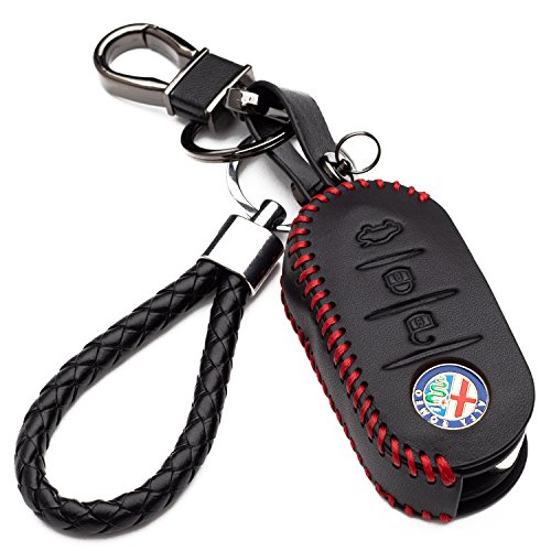 Carcasa Funda de Piel con Llaveros para Llave Control Remoto Alfa Romeo Mito Giulietta 159 3 Botones Protección Cuero Sintético de Mando a Distancia Coche (Red Edition)