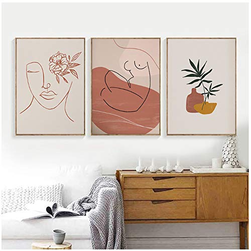 Lienzo Arte de pared Dibujo lineal Mujer Lienzo Pintura Sol Impresión de arte Cartel de mediados de siglo Galería Beige Cuadros de pared Decoración para el hogar Sin marco 15.7 "x 23.6" (40x60cm) x3