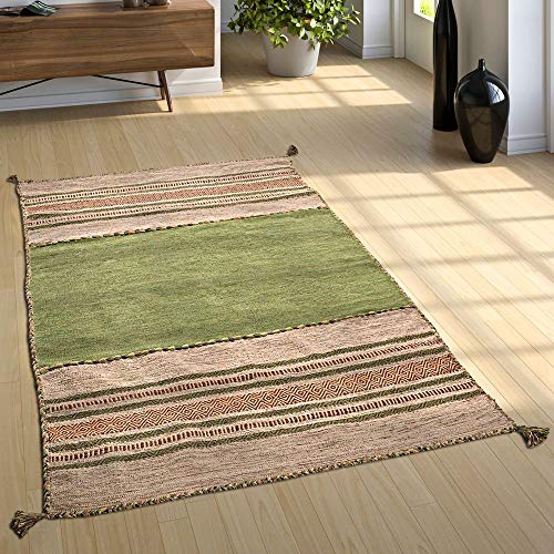 Paco Home Alfombra Diseño Kilim Tejida A Mano 100 % Algodón Moderna Estampada Verde, tamaño:60x110 cm