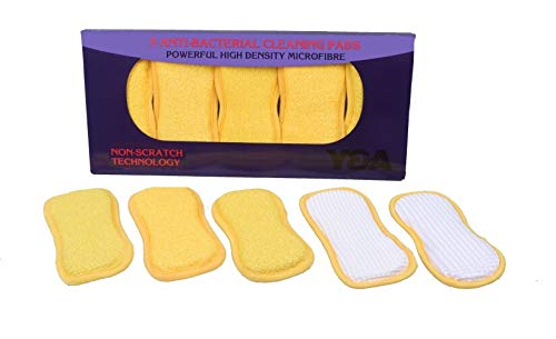 Paquete de 5 almohadillas de limpieza antibacterianas, paños de limpieza de microfibra (esponja de doble cara), toalla de microfibra para lavar platos, cepillo para limpieza de cocina, kit de limpieza