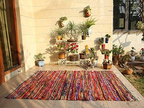 RAJRANG BRINGING RAJASTHAN TO YOU Colorida Alfombra Boho - 150x215 cm Alfombras Chindi de Raso Decorativo Hechas a Mano Indias Hechas a Mano Decoración étnica de Rajasthan - Multicolor