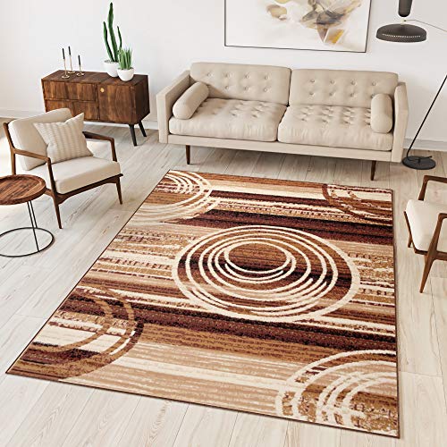 Tapiso Alfombra De Salón Moderna – Color Marrón Beige Diseño Retro Rayas Círculos – Varias Dimensiones S-XXXL 130 x 190 cm