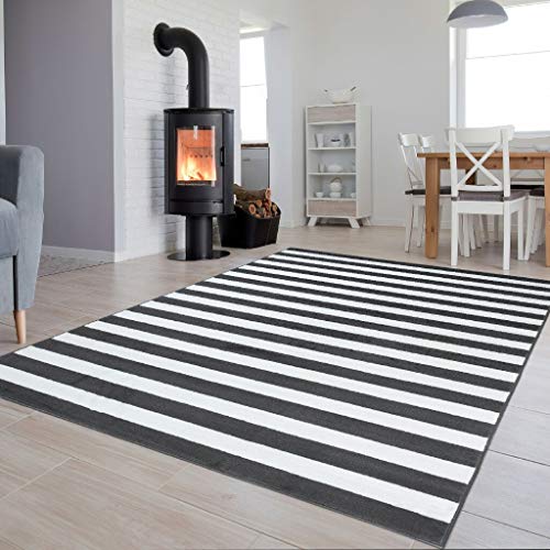 Tapiso Colección Luxury Alfombra Salón Moderno Piso Color Gris Oscuro Blanco Diseño Rayas Fácil Mantenimiento 120 x 170 cm