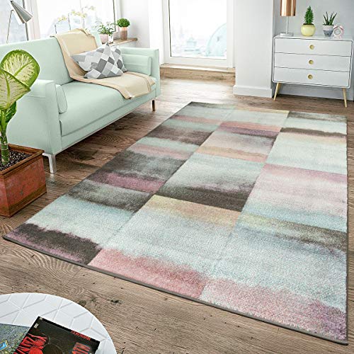 TT Home Alfombra De Salón Moderna Cuadros Tono Pastel Turquesa Rosa Antracita Multicolor, Größe:70x140 cm