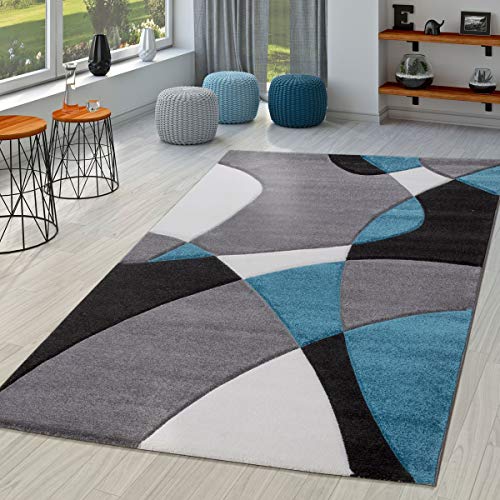 TT Home Alfombra Salón Moderna Motivo Abstracto Perfil Contorneado Negro Gris Turquesa, Größe:60x110 cm