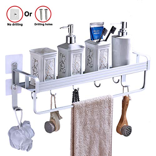 Yeegout adhesivo estanteria ducha con barra de toalla y ganchos, aluminio Espesamiento estanteria baño sin taladro montado en la pared estante para baño para cocina (1 nivel)