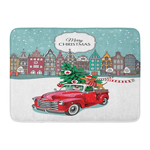 Yilan Alfombrilla de baño Green Auto Christmas Red Retro Truck con Regalos de Abeto y The Dachshund in Scarf European City White Bathroom Decor Rug