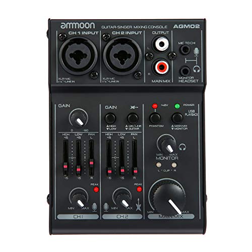 ammoon Consola de Mezclado Mezclador de Audio Digital Mini 2 Canales Tarjeta de Sonido Ecualizador de 2 Bandas Incorporado 48V Phantom Poder 5V Alimentado por USB