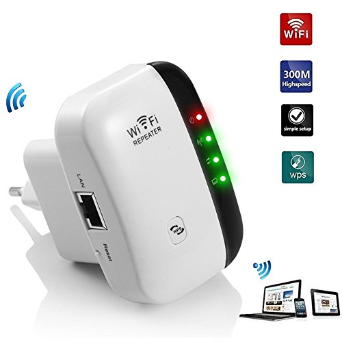 Amplificador WiFi Repetidor Extensor de Red WiFi Punto de Acceso 2.4GHz IEEE802.11 B/G/N Wireless Extender con WPS Button Velocidad de hasta 300Mbps, Puerto LAN, Compatibilidad Universal