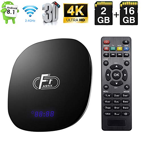 Android TV Box, Android 8.1 TV Box Amlogic S905W Quad-Core Cortex-A53 2GB RAM 16GB ROM Android Box Soporte 2.4G WiFi Ethernet 4K 3D con Control Remoto