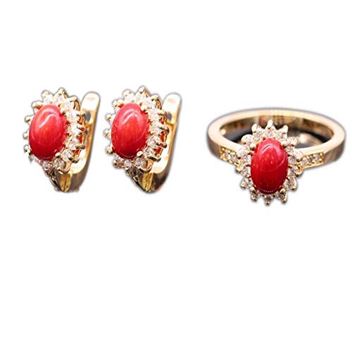 BEOUP-Moda Rojo Coral Rock Cubic Zircon Champagne Color Oro Pendientes Anillo De La Joyería Conjunto para Mujeres