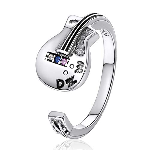 ChicSilver Plata de Estándar 925 Guitarra Elemento Musical Anillo Abierto Ajustable para Hombre y Mujer Regalo Hip Hop Piedras de Zirconias Cúbicas Coloradas Rock-n-Roll