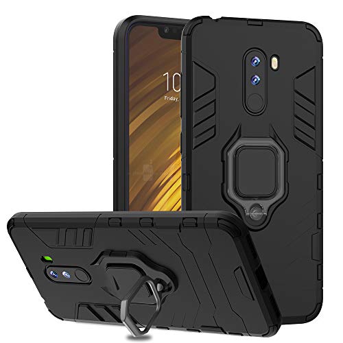 Ferilinso Funda para Xiaomi Pocophone F1,Elegante Armadura híbrida Robusta Funda de Doble Capa de Alta Resistencia para PC Duro Caso con Anillo Grip Kickstand y Soporte de (Negro)