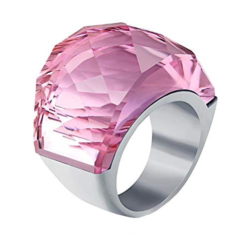 HIJONES Retro Anillo de Cristal Grande para Mujer Hombre Acero Inoxidable con Zirconia Cúbica Estilo de la Corte Real Rosado Tamaño 19