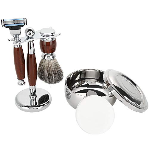 Kit de afeitado - Juego de afeitado for barba for hombres, con cepillo de pelo de tejón, Safety, soporte de afeitado, jabón de afeitar y tazón de acero inoxidable