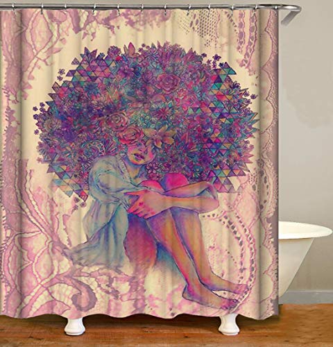 NON Cortina Baño Impermeable Antimoho, Chica con Cortina de baño con Estampado de Flores, EVA Antibacteriano Cortinas de Ducha, Anillos de Cortina Incluidos, 150x180cm