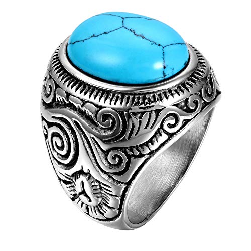 OIDEA Anillo Hombre Acero Inoxidable para Hombre Mujer Unisex Piedra de Turquesa Artificial Joyería Regalo San Valentín Compromiso Boda, Azul Plata