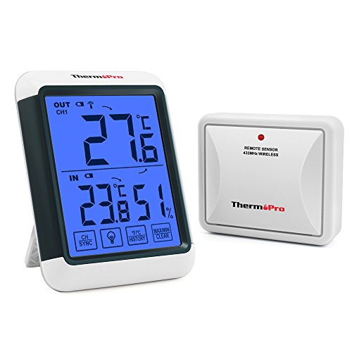 ThermoPro TP65S Termómetro Higrómetro Digital para Exterior y Interior con Gran Pantalla táctil y Retroiluminación Medidor de Temperatura y Humedad Inalámbrico con Función de Memoria