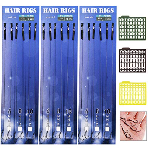 BUZIFU 18pcs Anzuelos de Pesca de Carpa, Hamo de Acero al Carbono Ganchos de Carpa de Hilo con Ganchos de Carpa Trenzados con 3 Tapones de Cebo Extensor de Cabello para Carpa, 6#8#10