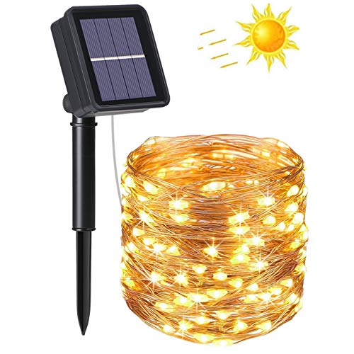 flintronic® Guirnalda de Luces Solares, 1PCS/100LED Luces Jardín (8 Modos)10M/33pies Auto Encendido/Apagado Alambre de Cobre, Luz Decorativa Impermeable para Navidad, Fiesta, Jardín (Blanco Cálido)