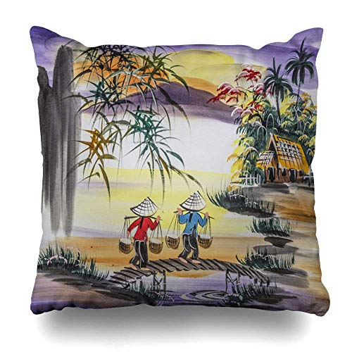 Funda De Almohada Mariscos Vietnam Mercado De La Naturaleza Pintura Tradicional Sombrero De Mano Calma Dibujado Barco De Agua Antiguo Gente Costa Acogedor Hostal Funda De Almohada