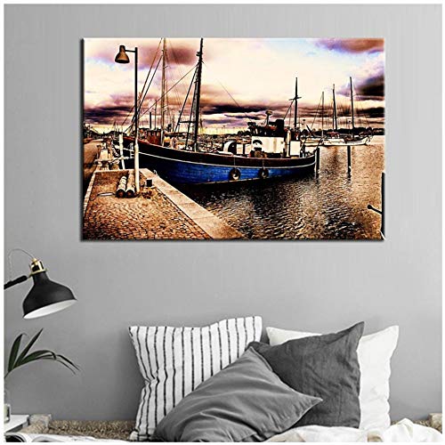 Imprimir arte de la pared Paisaje Carteles y lienzos Pintura abstracta clásica Barco en la bahía Imágenes para la sala de estar Decoración para el hogar 50x70 cm / 19.7"x 27.6" Sin marco