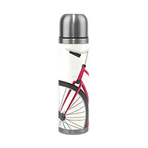 LDIYEU Bicicleta De Arte Rojo Antiguo Termo Botella de Agua Aislamiento Acero Inoxidable 500ml Cuero Envuelto Termica Botellas Taza para Cafe Viaje Deporte