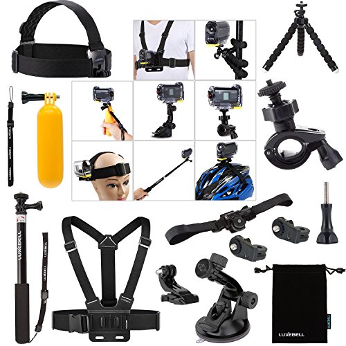 Luxebell 14en1 Kit de Accesorios Deportivos Bundle para Sony Accion Cam, Monte de Casco / Arnés de Pecho / Montaje de la bici / Monopie / Venda / Empuñadura Flotante / Ventosa / Montaje de Trípode