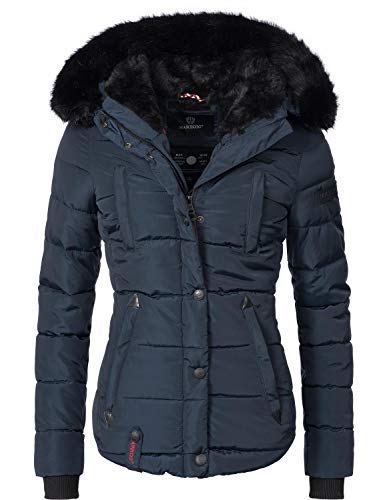 Marikoo Lotusblüte Chaqueta de Invierno para Mujer con Capucha de Pelo sintético Azul Oscuro S