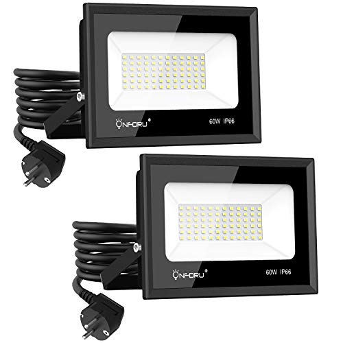 Onforu 60W Foco LED Exterior con Enchufe (2 Pack), 6500LM Super Potente Proyector LED, Reflector LED IP66 Impermeable, Foco LED Interior 5000K Blanco Frío para Patio Jardín Garaje Estadio Taller