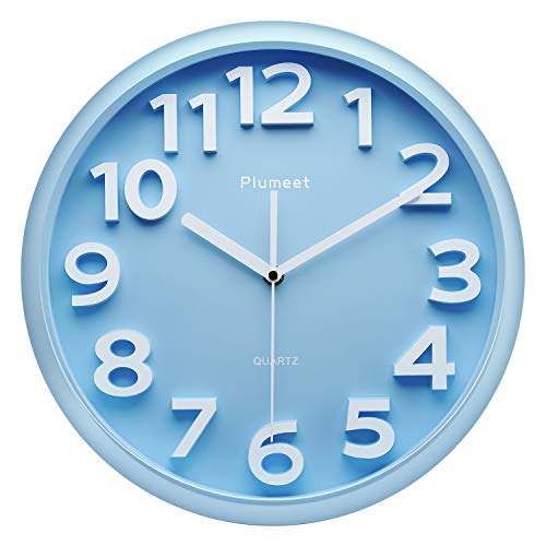 Reloj de pared grande de 33 cm, relojes de Plumeet decorativos de cuarzo silencioso que no hace tictac, gran pantalla de números tridimensionales, con pilas (Azul)