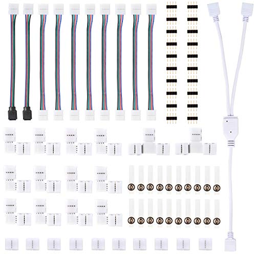 SIGHTLING 5050 Kit de conector de tira de luz LED RGB de 4 pines incluye Cable divisor de 2 vías,conectores en forma de L,Clips de tira de luz de LED, Conectores sin tapa