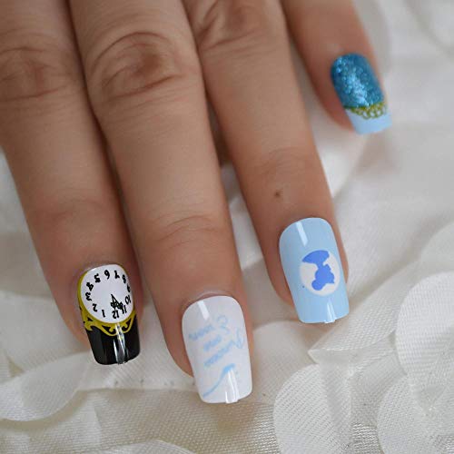 TJJF Uñas postizas Estilo de Inglaterra Uñas postizas Happy Time Reloj antiguo Belleza Acrílico Artificial Nail Art Tips Pre-diseñado Blue Square Tips 24