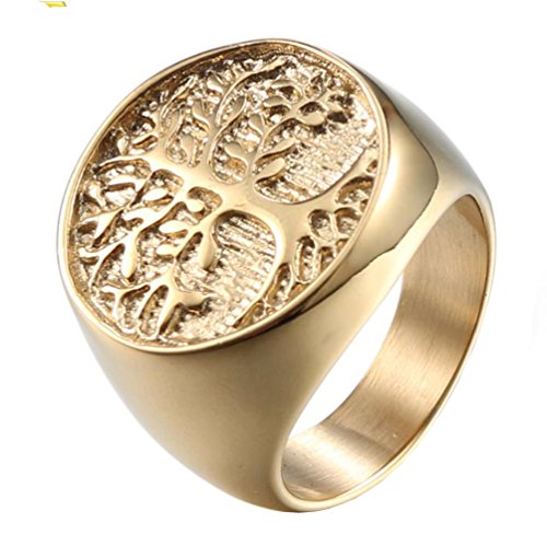 HIJONES Hombre Acero Inoxidable Retro Árbol De La Vida Sello Anillo De Oro Grande Sin Alérgenos Tamaño 17