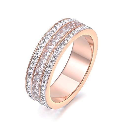 JZESIDE Anillo Joyería de Moda Oro Rosa Anillo de 3 Filas con Cristales de Arcilla y circón Anillo de Acero Inoxidable 6 mm de Ancho 7 Oro Rosa